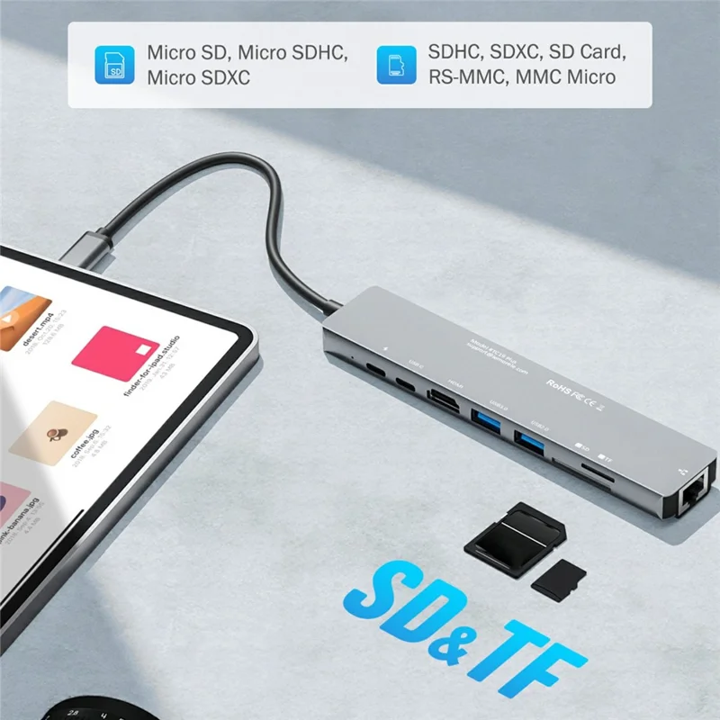 LEMORELE TC19 8 in 1 Type-C Hub Adapter Multiport Docking Station with HD 4K  /  PD Charging  /  Ethernet