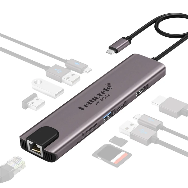 LEMORELE TC46 10 in 1 USB-C Docking Station Type-C Hub Adapter with RJ45 Ethernet / HD / TF Card Ports for Laptops