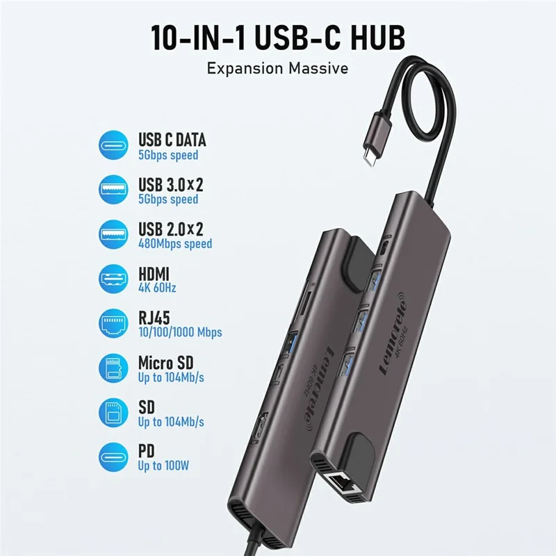 LEMORELE TC46 10 in 1 USB-C Docking Station Type-C Hub Adapter with RJ45 Ethernet / HD / TF Card Ports for Laptops
