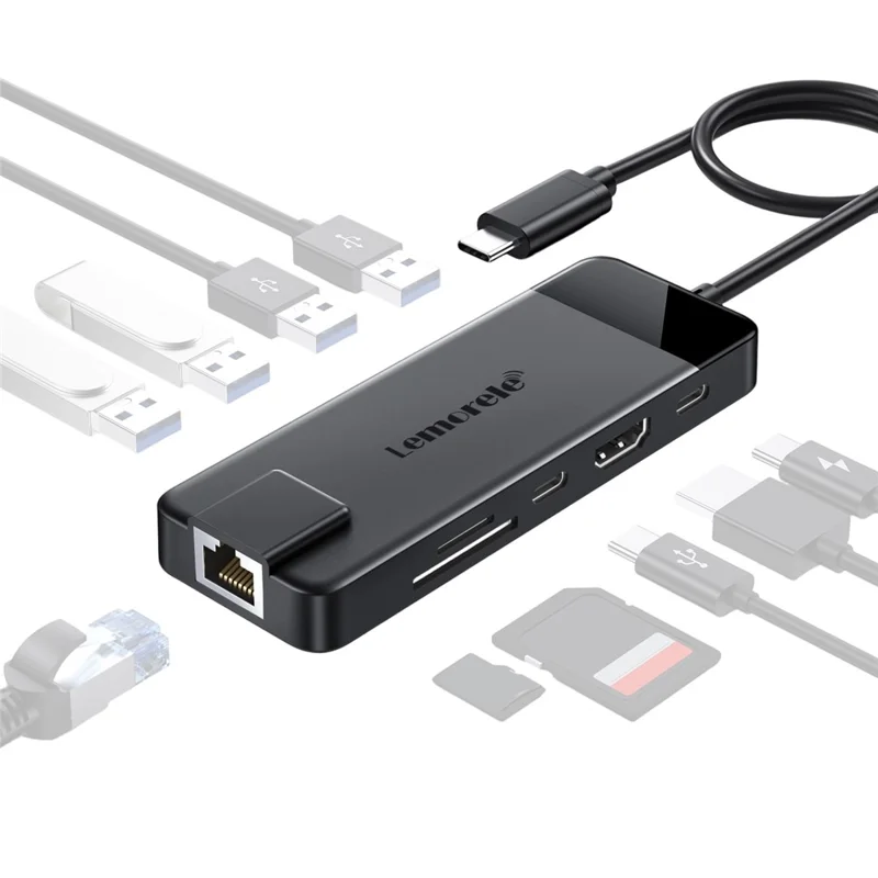 LEMORELE TC93 USB-C Docking Station 10 in 1 Hub Adapter Multiport with HD  /  Ethernet  /  Card Reader  /  PD Charging