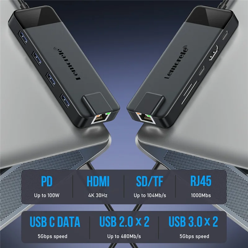 LEMORELE TC93 USB-C Docking Station 10 in 1 Hub Adapter Multiport with HD  /  Ethernet  /  Card Reader  /  PD Charging