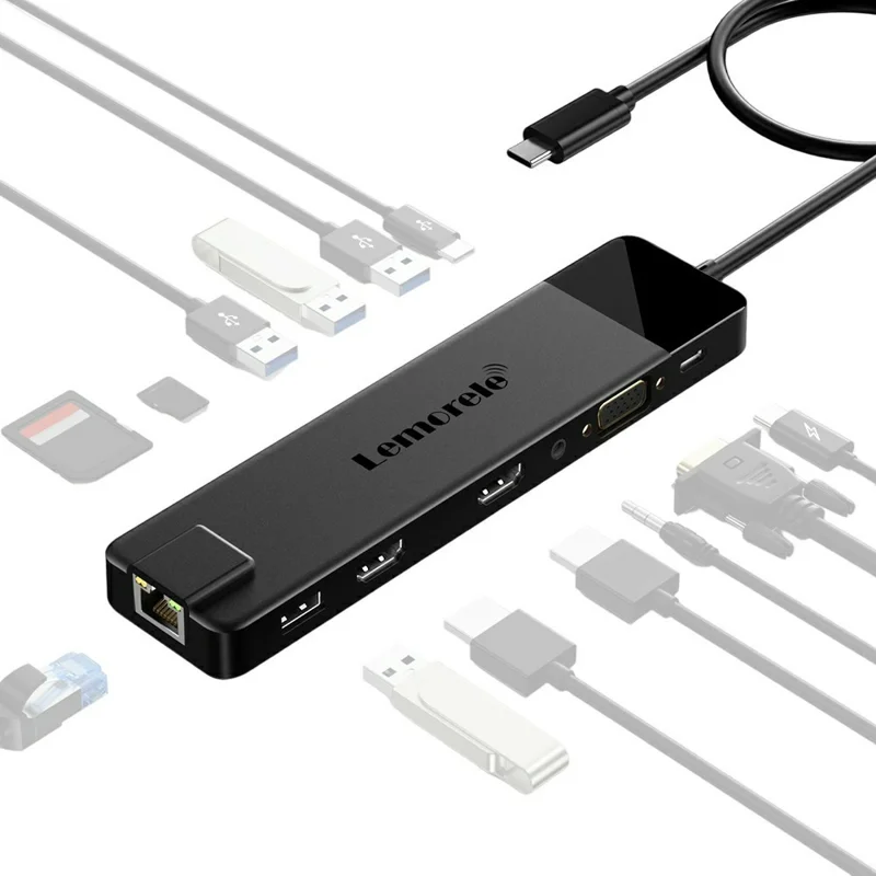 LEMORELE TC100 13 in 1 USB-C Hub Adapter Multi-Port Docking Station with HD / VGA / Ethernet / USB / TF Card Slots for Laptop / PC