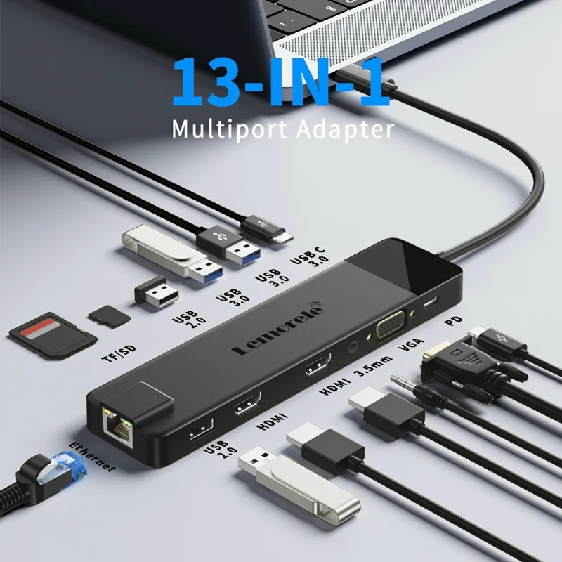 LEMORELE TC100 13 in 1 USB-C Hub Adapter Multi-Port Docking Station with HD / VGA / Ethernet / USB / TF Card Slots for Laptop / PC