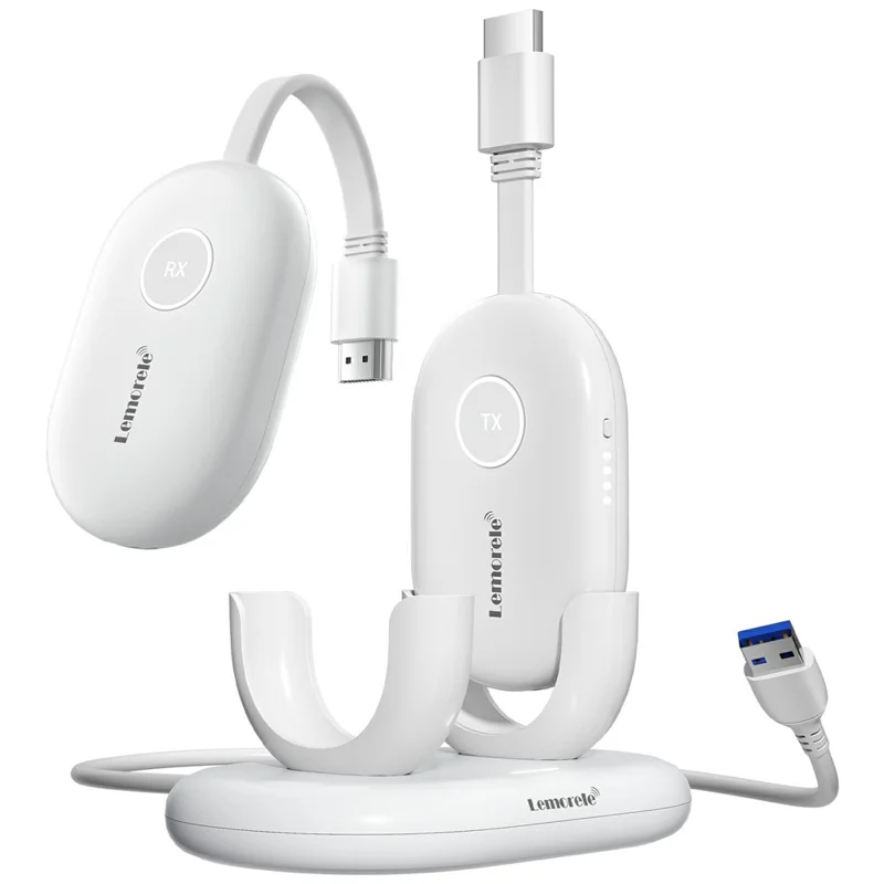 LEMORELE G500 1080P 60Hz HDTV Wireless Video Transmitter and Receiver Kit Low Latency HDTV Synchronizer with Charging Station - White