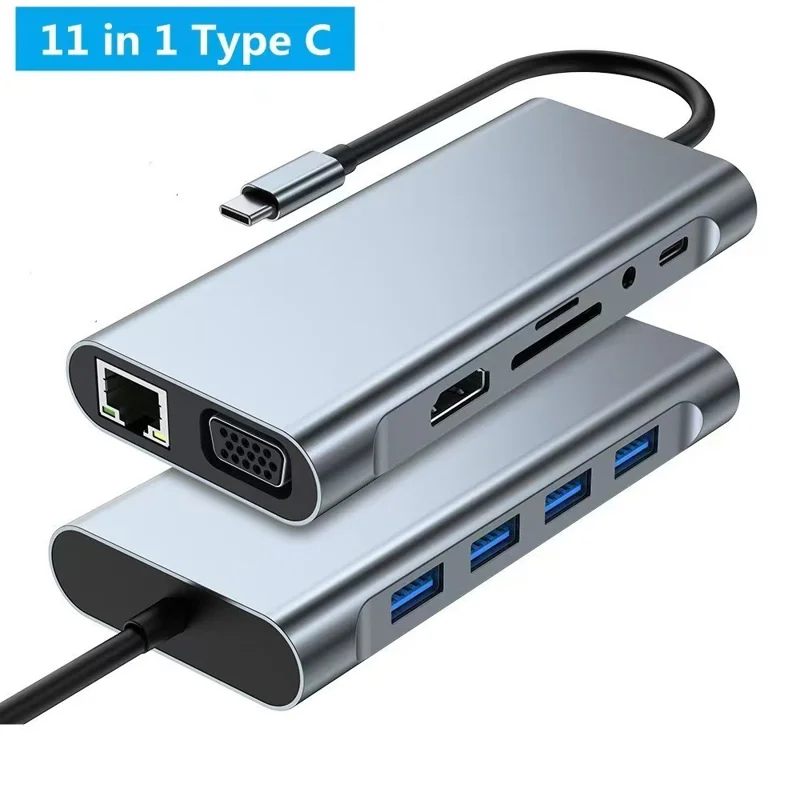 11 in 1 Type-C Docking Station Multi-Port Hub Adapter USB 3.0 with HD / VGA / LAN / Audio / Card Reader / USB Ports for Laptops - Grey