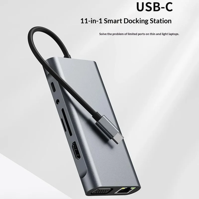 11 in 1 Type-C Docking Station Multi-Port Hub Adapter USB 3.0 with HD / VGA / LAN / Audio / Card Reader / USB Ports for Laptops - Grey