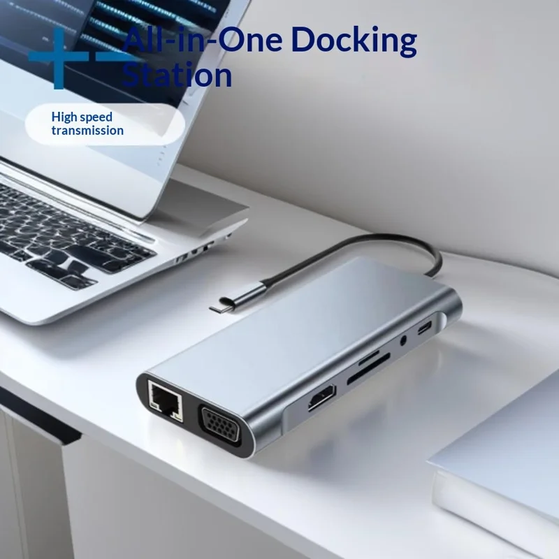 11 in 1 Type-C Docking Station Multi-Port Hub Adapter USB 3.0 with HD / VGA / LAN / Audio / Card Reader / USB Ports for Laptops - Grey