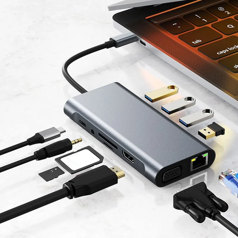 11 in 1 Type-C Docking Station Multi-Port Hub Adapter USB 3.0 with HD / VGA / LAN / Audio / Card Reader / USB Ports for Laptops - Grey