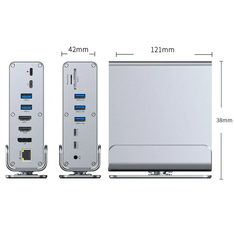 15 in 1 Type-C Docking Station MST Multi-Port Hub Adapter with Stand Dual HD DP USB 3.2 Gigabit Ethernet - Grey