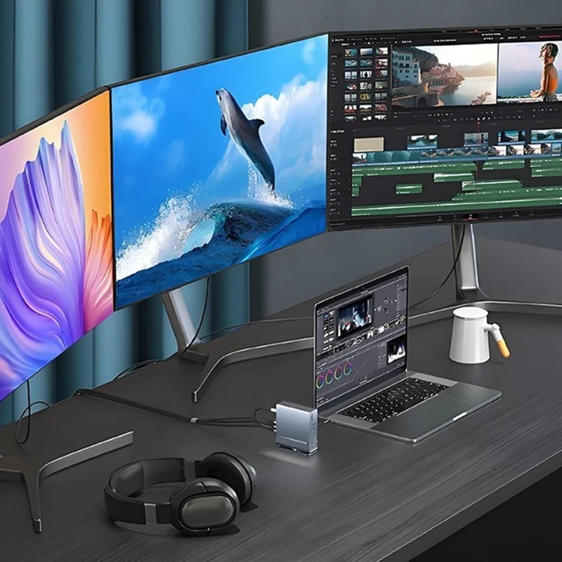 15 in 1 Type-C Docking Station MST Multi-Port Hub Adapter with Stand Dual HD DP USB 3.2 Gigabit Ethernet - Grey