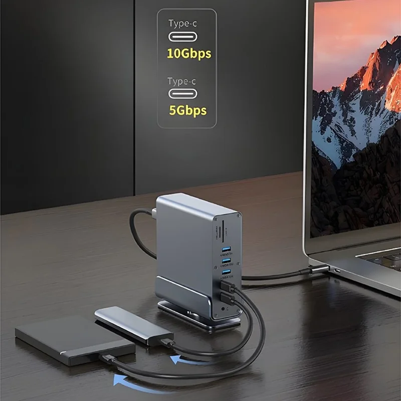 15 in 1 Type-C Docking Station MST Multi-Port Hub Adapter with Stand Dual HD DP USB 3.2 Gigabit Ethernet - Grey