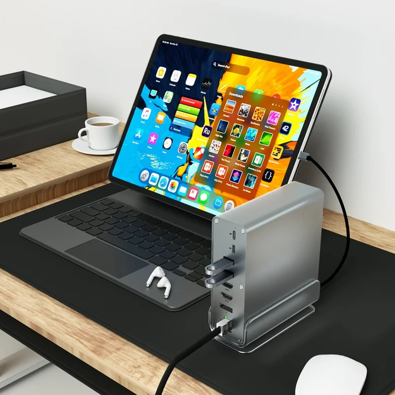 15 in 1 Type-C Docking Station MST Multi-Port Hub Adapter with Stand Dual HD DP USB 3.2 Gigabit Ethernet - Grey