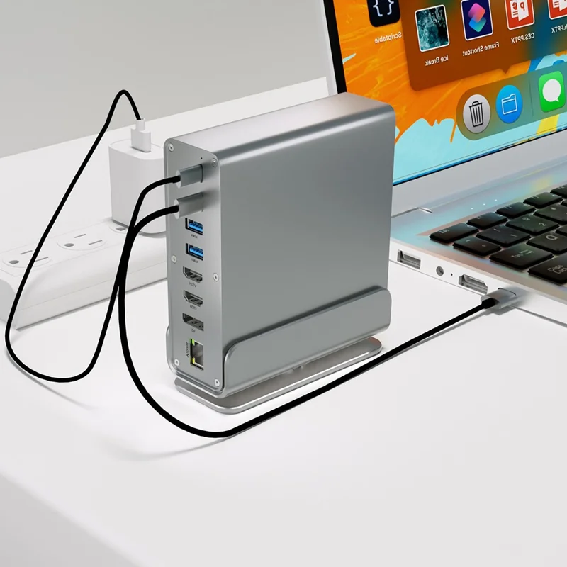 15 in 1 Type-C Docking Station MST Multi-Port Hub Adapter with Stand Dual HD DP USB 3.2 Gigabit Ethernet - Grey