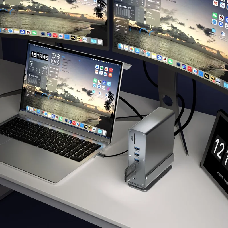 15 in 1 Type-C Docking Station MST Multi-Port Hub Adapter with Stand Dual HD DP USB 3.2 Gigabit Ethernet - Grey