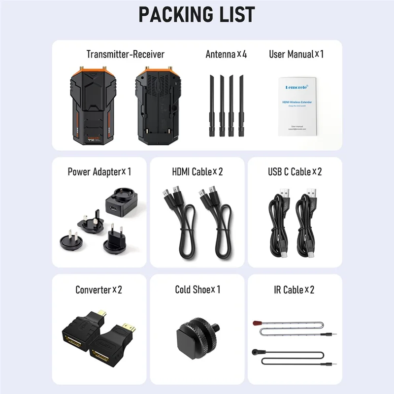 Беспроводная система передачи видеосигнала LEMORELE R100, комплект передатчика и приемника, диапазон до 200 м — черный