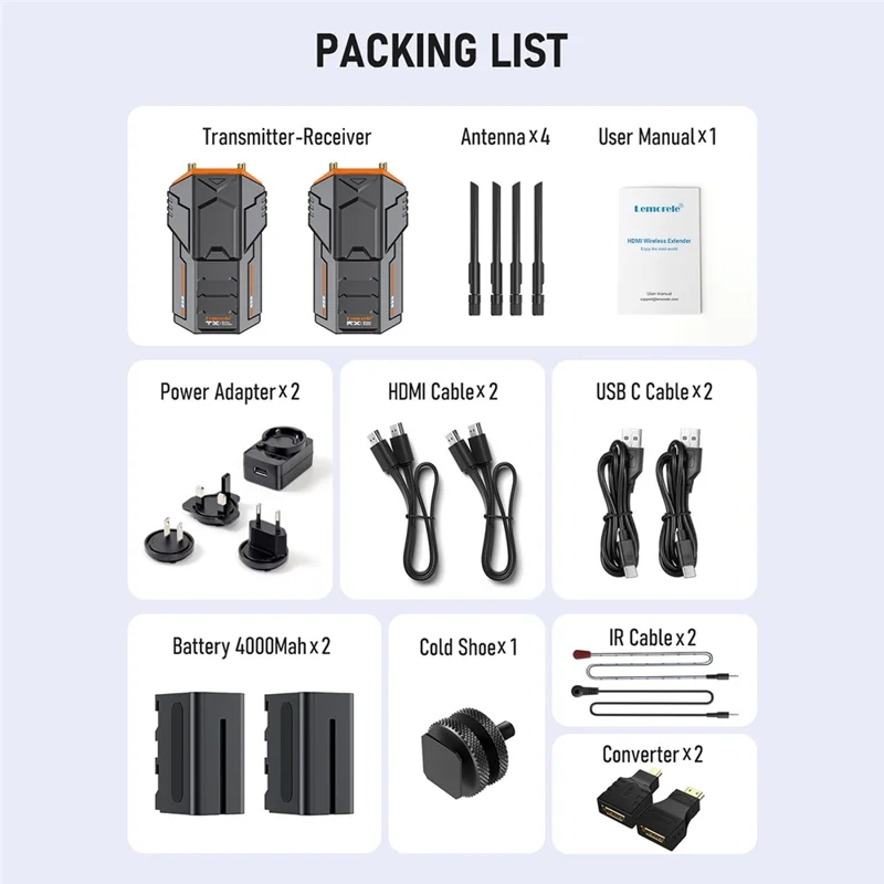 LEMORELE R100 PLUS HDTV Wireless Video Transmitter Receiver Set with 2 Batterys for Photography Videography - Black