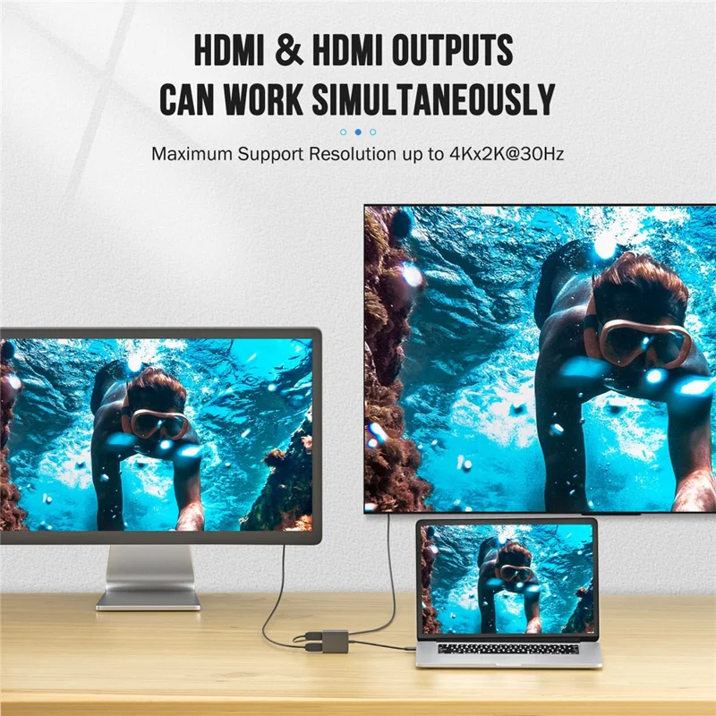 LEMORELE TC21 4K  /  30Hz USB-C Male to Dual HD Female Adapter for MacBook  /  Smartphone  /  Laptop