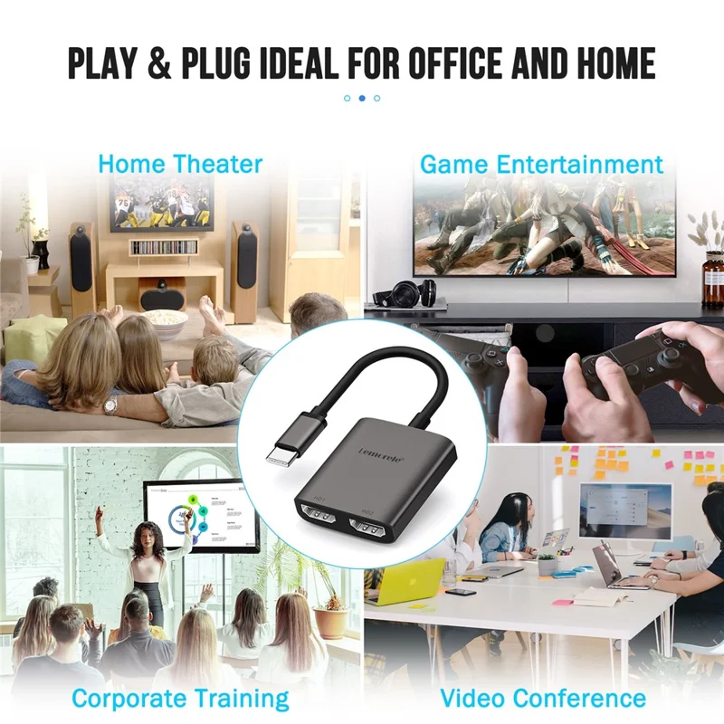 LEMORELE TC21 4K  /  30Hz USB-C Male to Dual HD Female Adapter for MacBook  /  Smartphone  /  Laptop