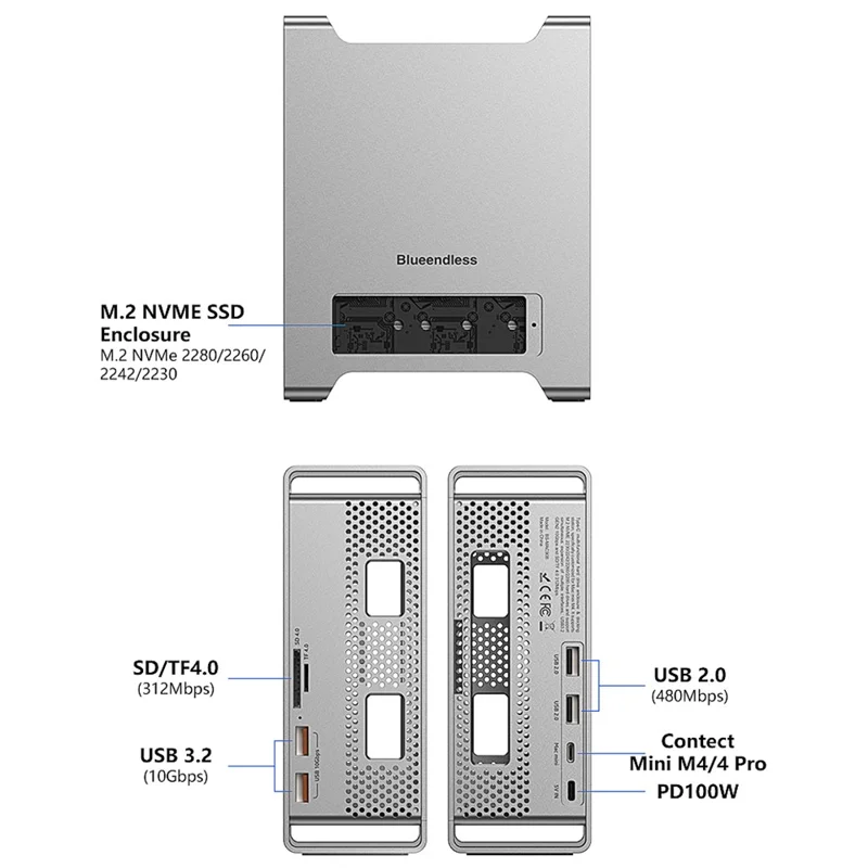 BLUEENDLESS MAC908 9 en 1 BLUEENDLESS MAC909 9 en 1 Concentrador Tipo-C, USB TF SD Tarjeta PD 100W SSD Estación de Acoplamiento con Caja - Gris Plateado