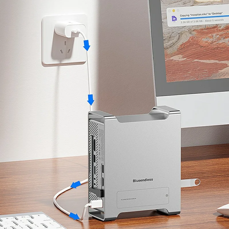 BLUEENDLESS MAC909 Concentrador Tipo-C de 9 en 1, Estación de Acoplamiento con USB, Tarjeta TF, SD, PD 100W, Caja para SSD, 4K 60Hz - Gris Plateado