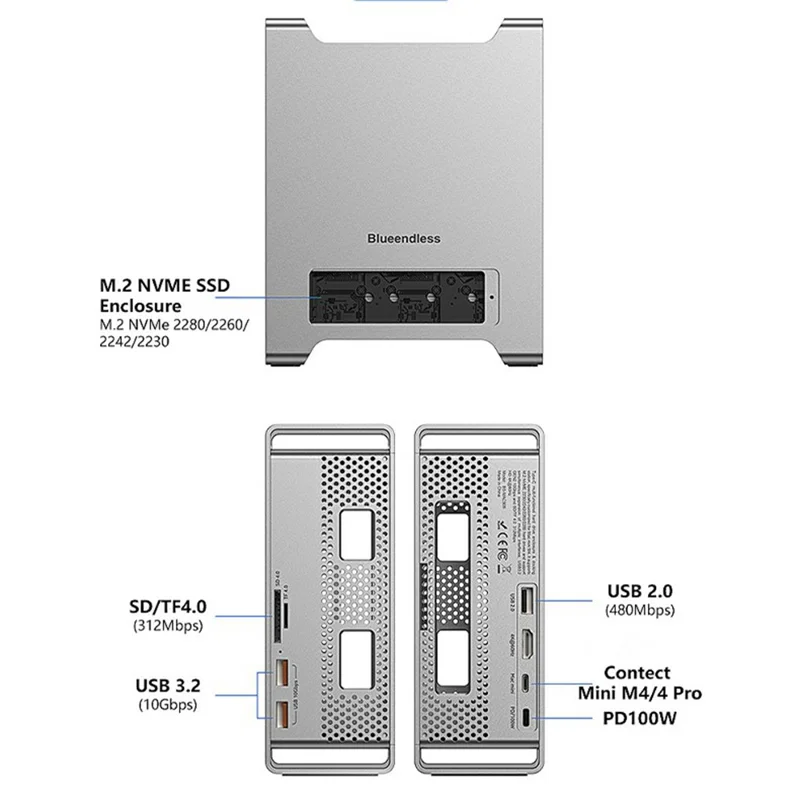 BLUEENDLESS MAC909 Concentrador Tipo-C de 9 en 1, Estación de Acoplamiento con USB, Tarjeta TF, SD, PD 100W, Caja para SSD, 4K 60Hz - Gris Plateado