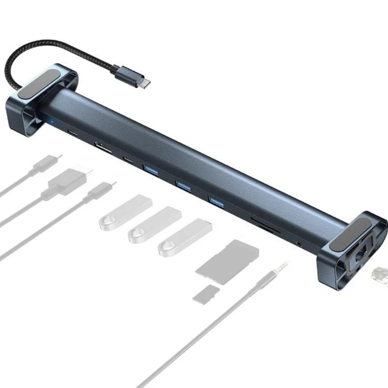 TC212 10 i 1 USB-C HD-dockstation, vertikal hub med USB3.0, RJ45, opladning og USB Type-C til MacBook og laptop – Grå