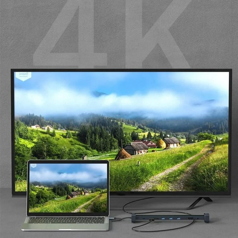 TC212 10 i 1 USB-C HD-dockstation, vertikal hub med USB3.0, RJ45, opladning og USB Type-C til MacBook og laptop – Grå