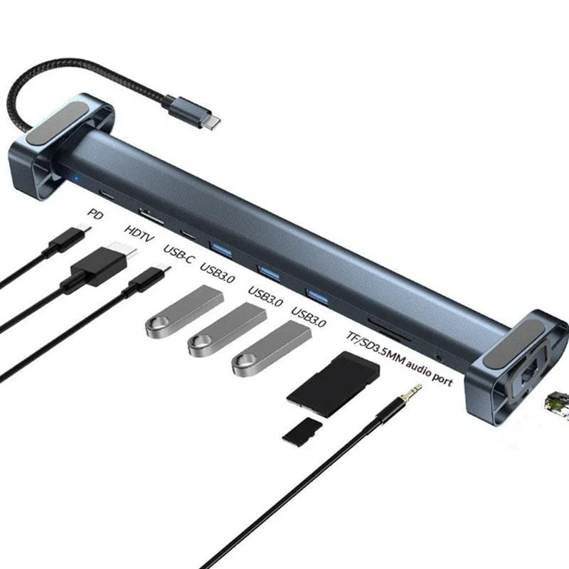 TC212 10 i 1 USB-C HD-dockstation, vertikal hub med USB3.0, RJ45, opladning og USB Type-C til MacBook og laptop – Grå