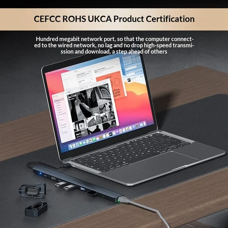 TC212 10 i 1 USB-C HD-dockstation, vertikal hub med USB3.0, RJ45, opladning og USB Type-C til MacBook og laptop – Grå