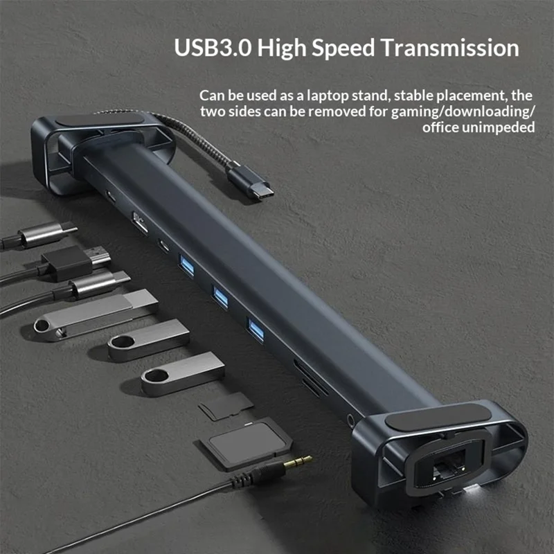 TC212 10 i 1 USB-C HD-dockstation, vertikal hub med USB3.0, RJ45, opladning og USB Type-C til MacBook og laptop – Grå