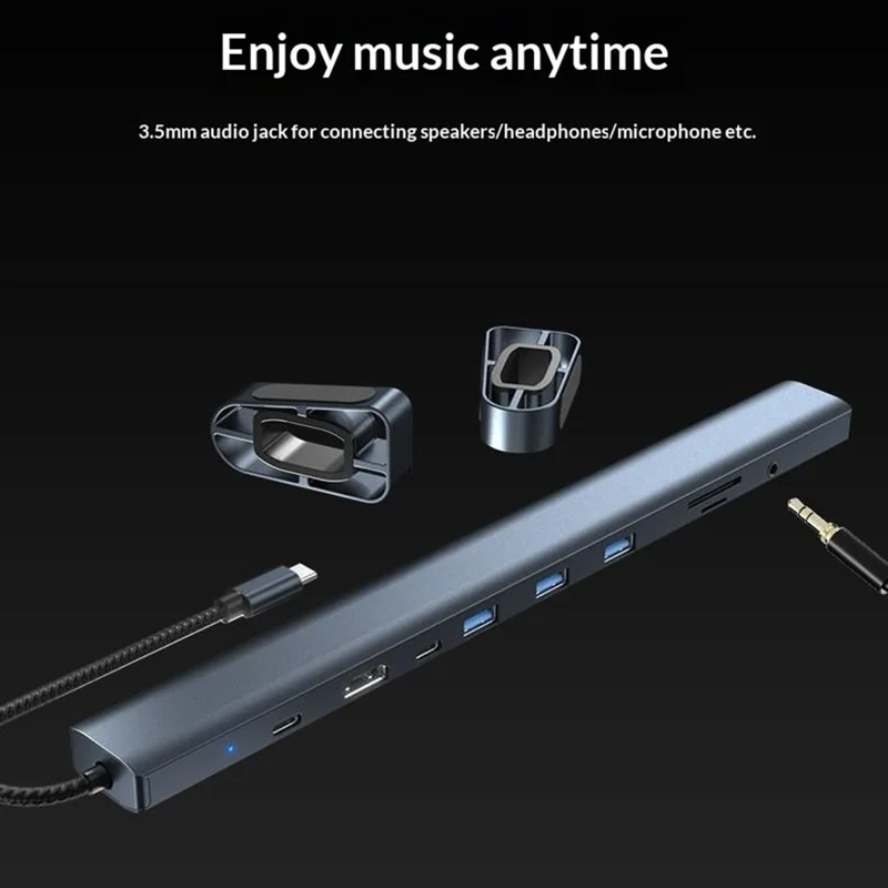 TC212 10 i 1 USB-C HD-dockstation, vertikal hub med USB3.0, RJ45, opladning og USB Type-C til MacBook og laptop – Grå