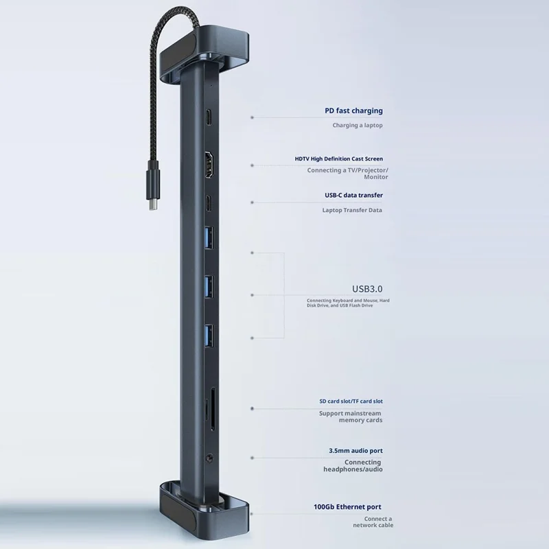 TC212 10 i 1 USB-C HD-dockstation, vertikal hub med USB3.0, RJ45, opladning og USB Type-C til MacBook og laptop – Grå
