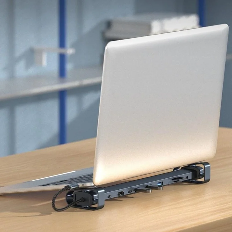 TC212 10 i 1 USB-C HD-dockstation, vertikal hub med USB3.0, RJ45, opladning og USB Type-C til MacBook og laptop – Grå