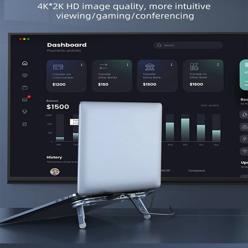 TC66 6-in-1 Laptop Stand Docking Station USB-C Hub Fast Charging Laptop Riser Folding Tablet Bracket for MacBook Pro - Silver