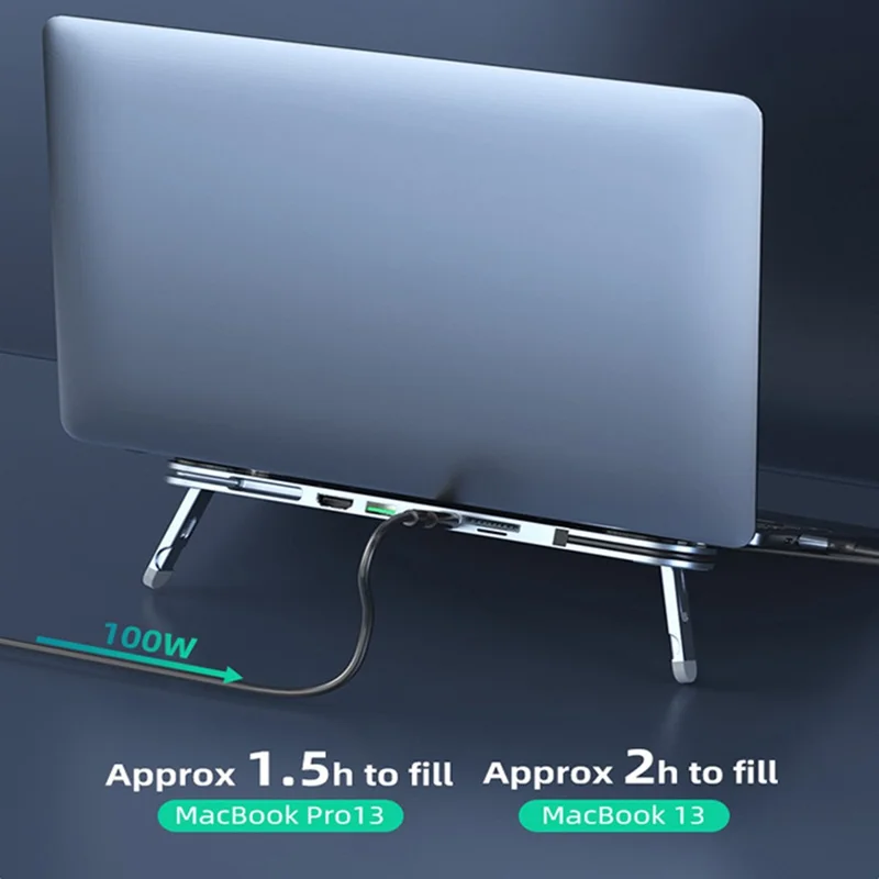 TC66 6-in-1 Laptop Stand Docking Station USB-C Hub Fast Charging Laptop Riser Folding Tablet Bracket for MacBook Pro - Silver