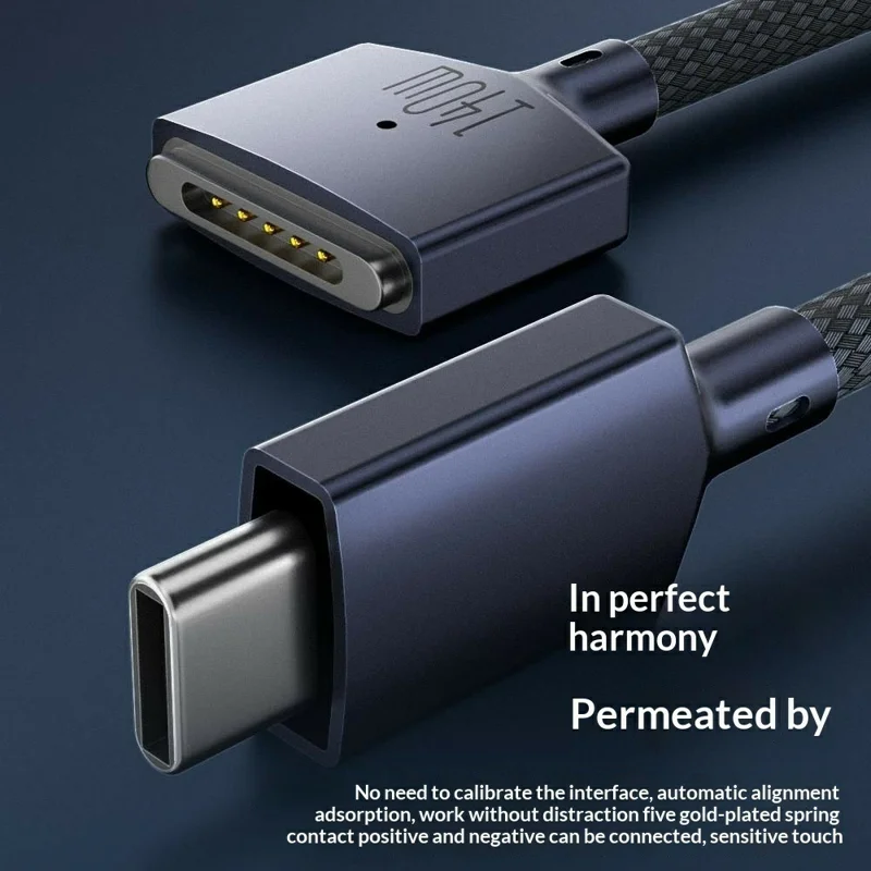 D039 2m USB-C to Compatible with MagSafe 3 Nylon Braided 140W PD Fast Charging Cable for MacBook Pro 16 Inch - Midnight Blue