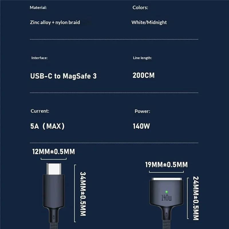 D039 2m USB-C to Compatible with MagSafe 3 Nylon Braided 140W PD Fast Charging Cable for MacBook Pro 16 Inch - Midnight Blue