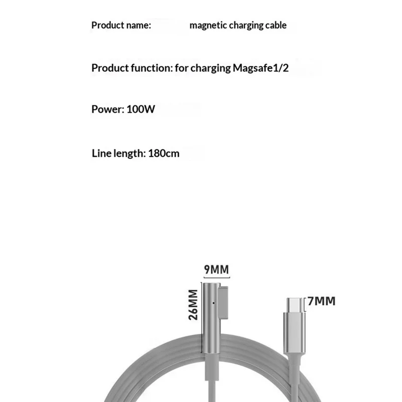 D035 1.8m Type-C to Compatible with MagSafe Cable PD 100W Fast Charging Cord for MacBook Air / Pro 2012-2016