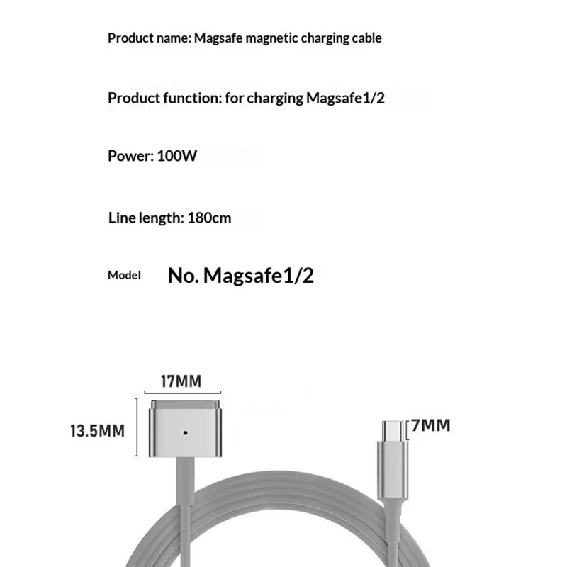 D036 1.8m USB-C Male to Compatible with MagSafe 2 Charging Cable 100W PD Fast Charging Cord for MacBook Air  /  Pro 2012-2016 - White  /  Silver