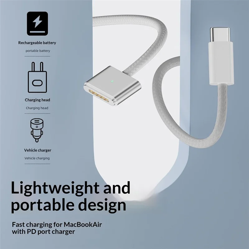 D038 2m USB-C to Compatible with MagSafe 3 Charging Cable 140W PD Fast Charging Cord for MacBook Pro 14  /  16 Inch  /  Air M2  /  M3 - Silver