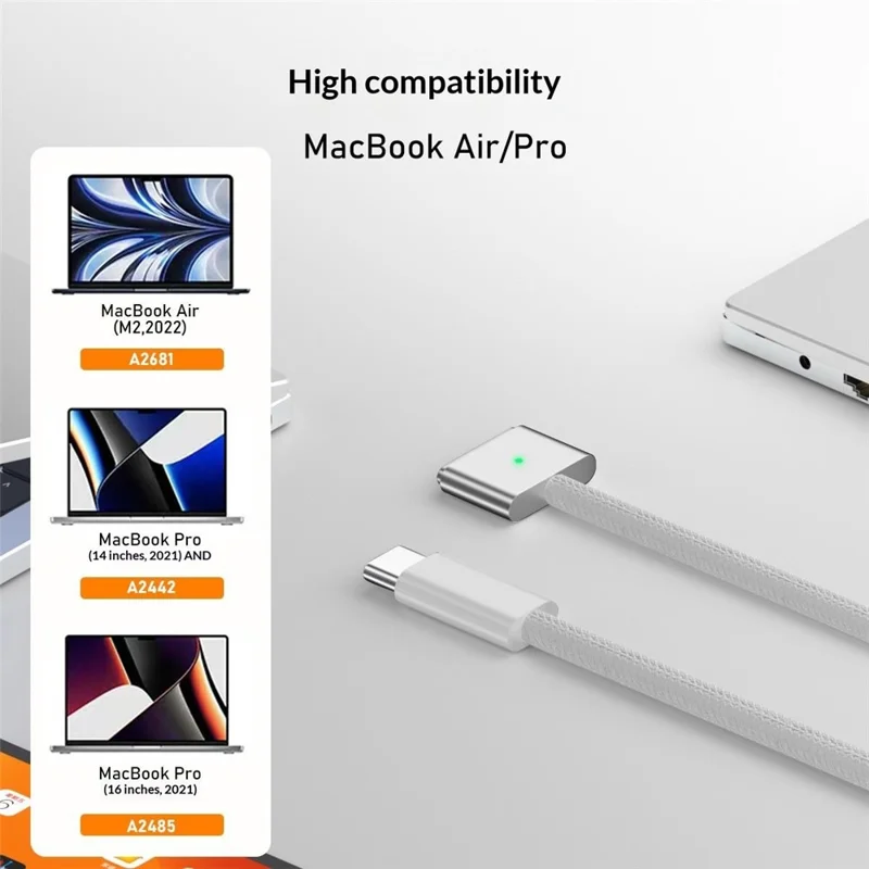D038 2m USB-C to Compatible with MagSafe 3 Charging Cable 140W PD Fast Charging Cord for MacBook Pro 14  /  16 Inch  /  Air M2  /  M3 - Silver