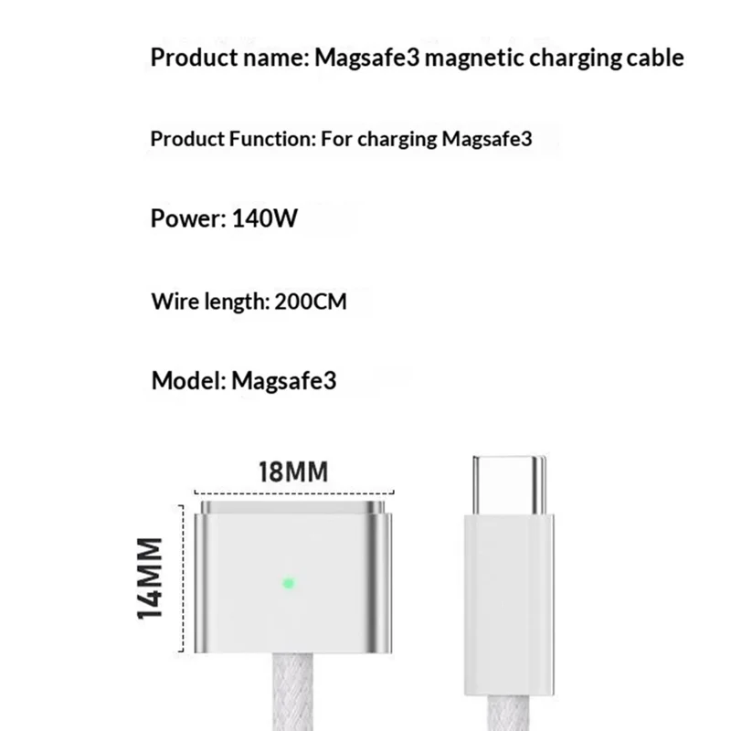 D038 2m USB-C to Compatible with MagSafe 3 Charging Cable 140W PD Fast Charging Cord for MacBook Pro 14  /  16 Inch  /  Air M2  /  M3 - Silver