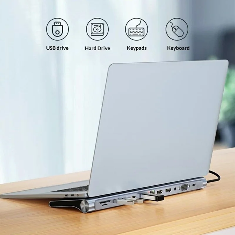 2003U2 Station d'accueil 12-en-1 Type-C, double HD 4K, hub à affichage multiple, design en forme de support pour ordinateur portable - Gris