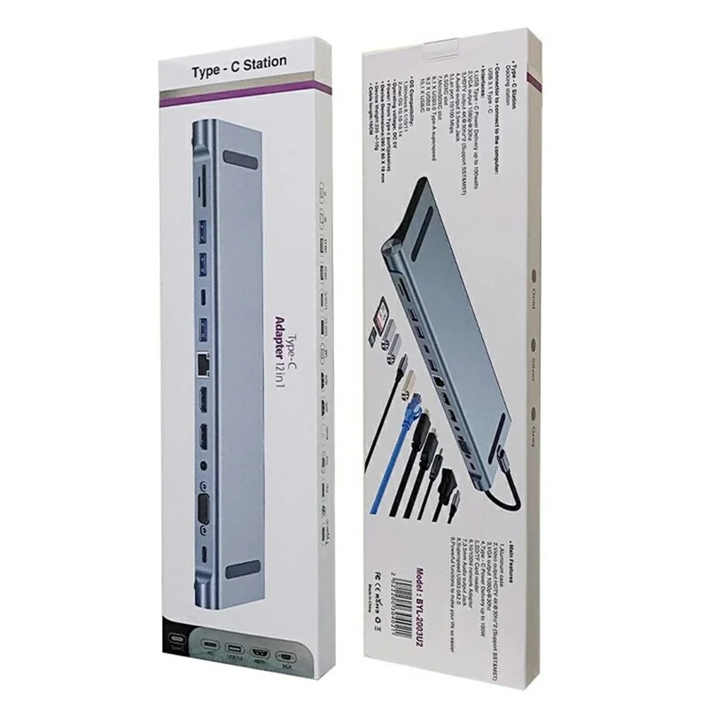 2003U2 Station d'accueil 12-en-1 Type-C, double HD 4K, hub à affichage multiple, design en forme de support pour ordinateur portable - Gris