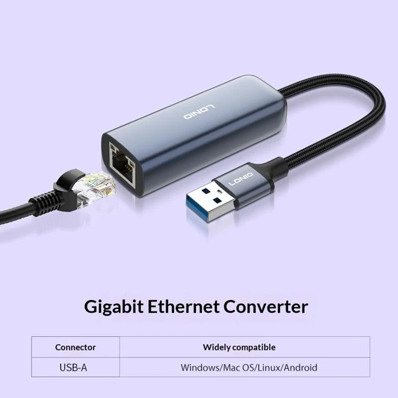 LDNIO RJ-01U USB-A to Gigabit Ethernet Adapter 1000Mbps USB to RJ45 LAN Wired Network Converter for Laptop Desktop - Grey