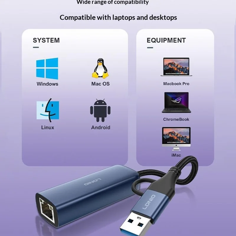 LDNIO RJ-01U USB-A to Gigabit Ethernet Adapter 1000Mbps USB to RJ45 LAN Wired Network Converter for Laptop Desktop - Grey