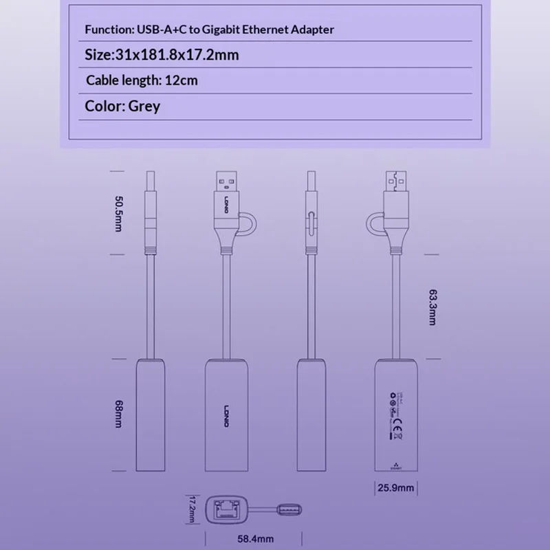 LDNIO RJ-01U USB-A to Gigabit Ethernet Adapter 1000Mbps USB to RJ45 LAN Wired Network Converter for Laptop Desktop - Grey
