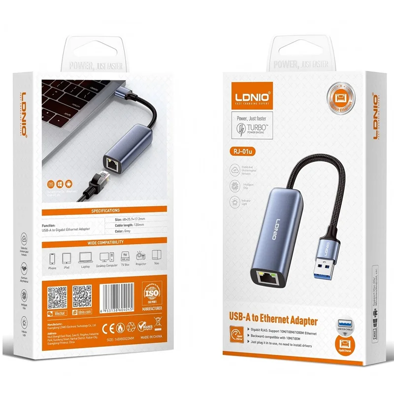 LDNIO RJ-01U USB-A to Gigabit Ethernet Adapter 1000Mbps USB to RJ45 LAN Wired Network Converter for Laptop Desktop - Grey