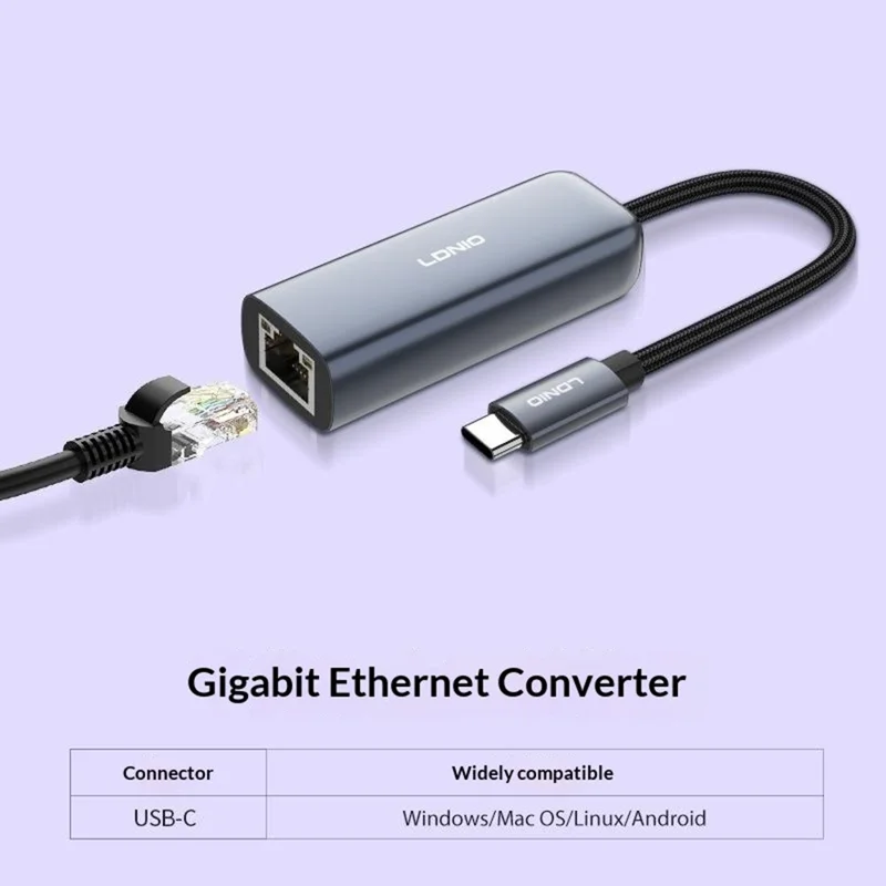 LDNIO RJ-01C USB-C to RJ45 Gigabit Ethernet Adapter 1000Mbps Wired Network Converter for Laptop Desktop -Grey