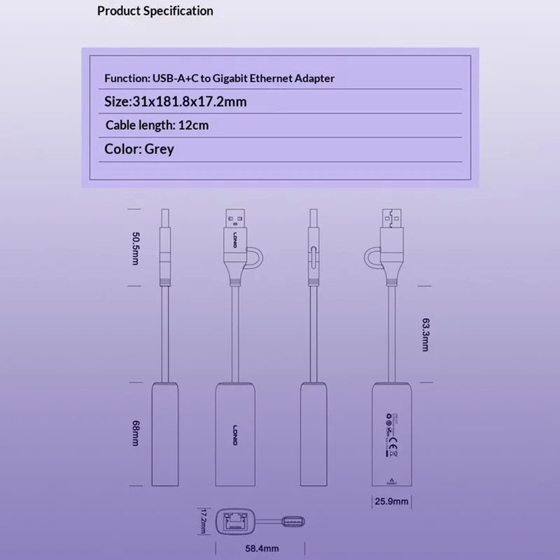 LDNIO RJ-01C USB-C to RJ45 Gigabit Ethernet Adapter 1000Mbps Wired Network Converter for Laptop Desktop -Grey